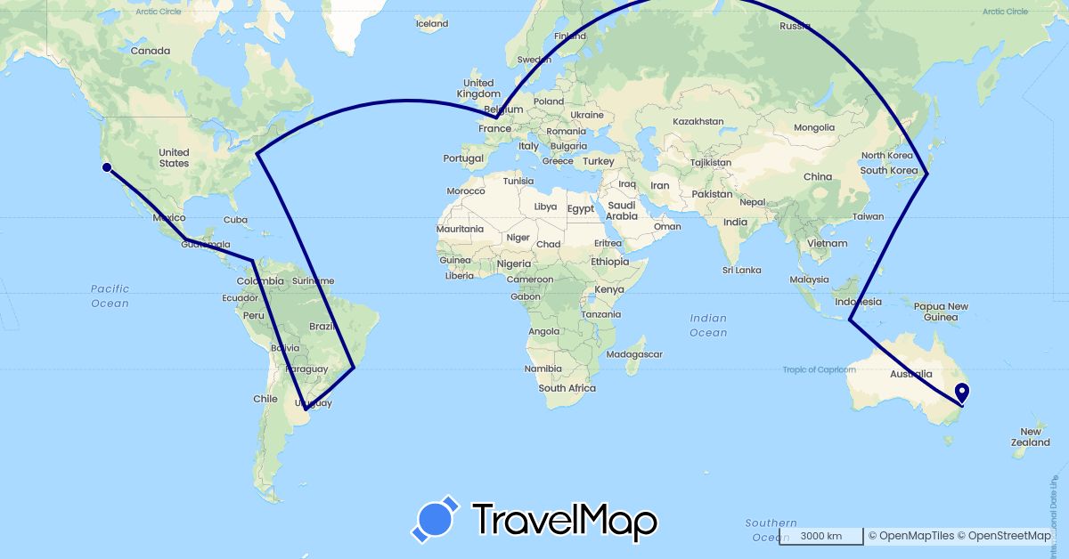 TravelMap itinerary: driving in Argentina, Australia, Brazil, Colombia, France, Indonesia, Japan, Mexico, United States (Asia, Europe, North America, Oceania, South America)